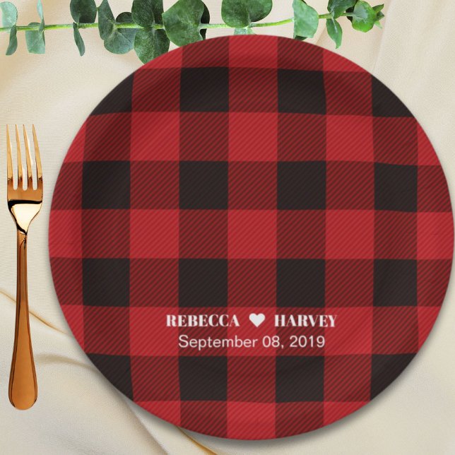 red buffalo plaid rustic winter wedding party paper plates (red buffalo plaid rustic winter wedding party paper plates)