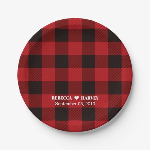 red buffalo plaid rustic winter wedding party paper plates