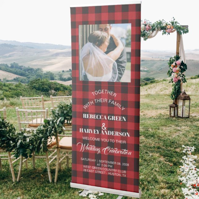 red buffalo plaid rustic winter wedding reception retractable banner (red buffalo plaid rustic winter wedding reception retractable banner)