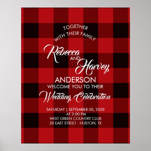 red buffalo plaid rustic winter wedding welcome poster