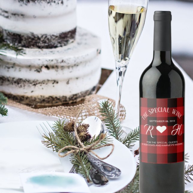red buffalo plaid rustic winter wedding wine label (red buffalo plaid rustic winter wedding wine label)