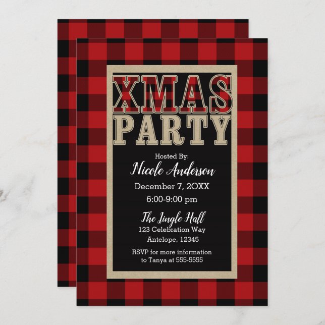Red Buffalo Plaid Rustic XMAS Christmas Party Invitation (Front/Back)