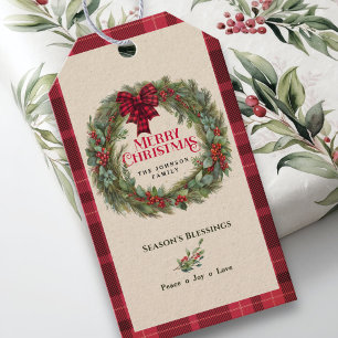 Red Buffalo Plaid RusticFarmhouse Christmas Wreath Gift Tags