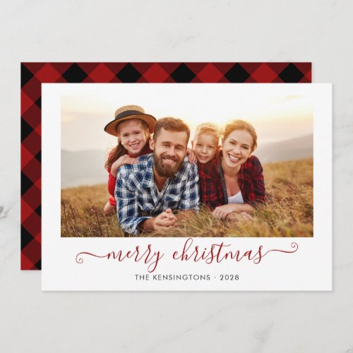 Red Buffalo Plaid Script Merry Christmas Photo Hol Holiday Card