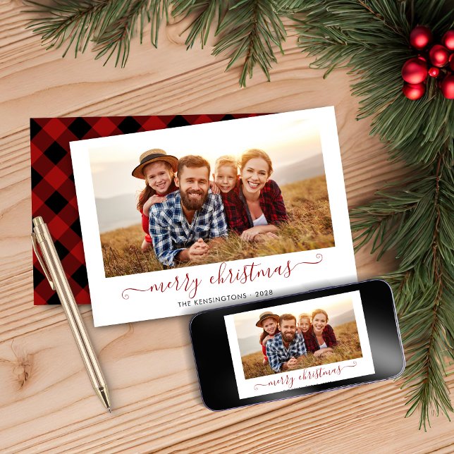 Red Buffalo Plaid Script Merry Christmas Photo Holiday Card (Red Buffalo Plaid Script Merry Christmas Photo Holiday Card)