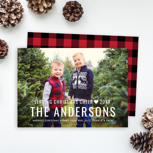 Red Buffalo Plaid Sending Christmas Cheer Photo Holiday Card (Creator Uploaded)
