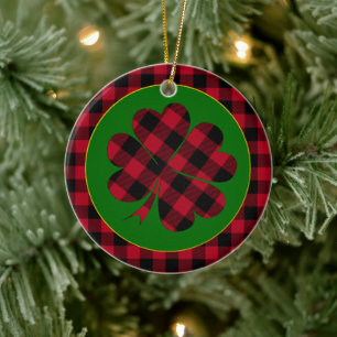 Red buffalo plaid Shamrock, Lucky Clover Charm Ceramic Ornament