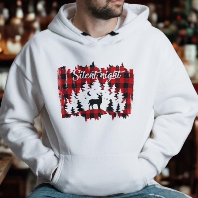 Red Buffalo Plaid Silent Night Reindeer Pine Trees Hoodie (Creator Uploaded)