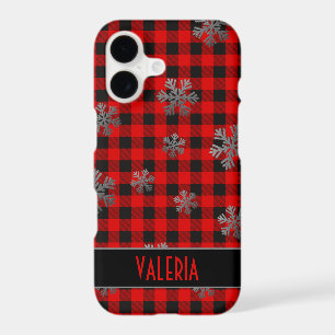 Red Buffalo Plaid Silver Glitter Snowflakes iPhone 17 Case