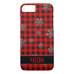 Red Buffalo Plaid Silver Glitter Snowflakes iPhone 8/7 Case