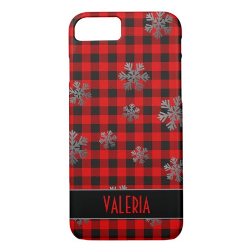 Red Buffalo Plaid Silver Glitter Snowflakes iPhone 87 Case
