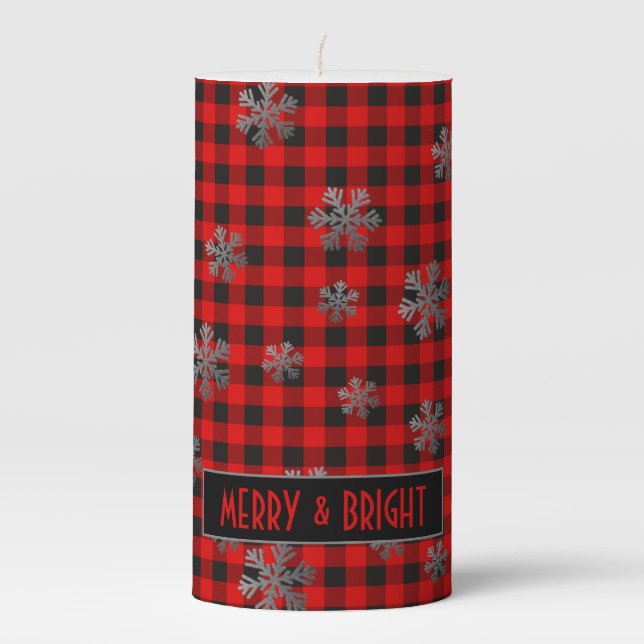 Red Buffalo Plaid Silver Glitter Snowflakes Pillar Candle (Front)