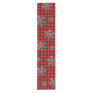 Red Buffalo Plaid Silver Glitter Snowflakes Short Table Runner