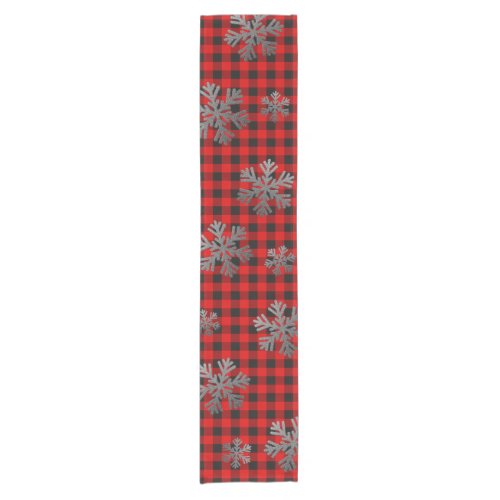 Red Buffalo Plaid Silver Glitter Snowflakes Short Table Runner
