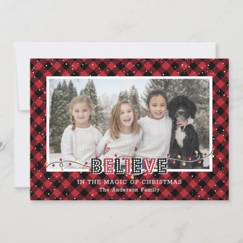 Red Buffalo Plaid Snow Believe Photo Holiday Card