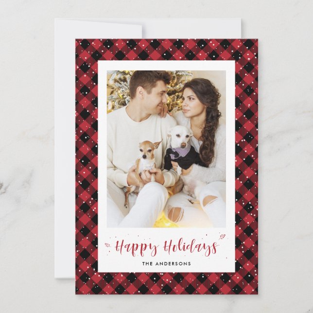 Red Buffalo Plaid Snow Photo Holiday Cards (Front)