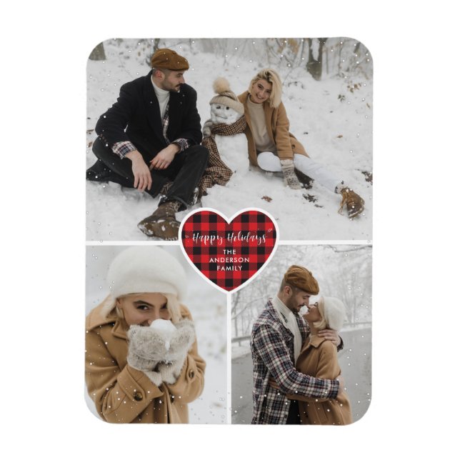 Red Buffalo Plaid Snow Photo Holiday Magnet (Vertical)