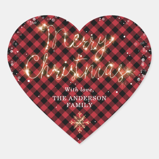 Red Buffalo Plaid Snow Sparkly Merry Christmas Heart Sticker (Front)