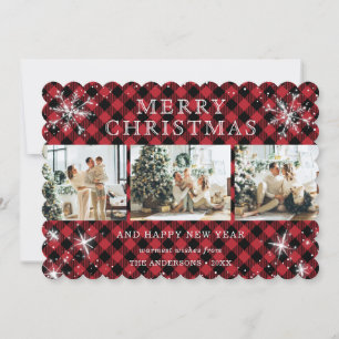 Red Buffalo Plaid Snowflake 3 Photo Collage Holiday Card