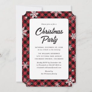 Red Buffalo Plaid Snowflake Christmas Party Invitation