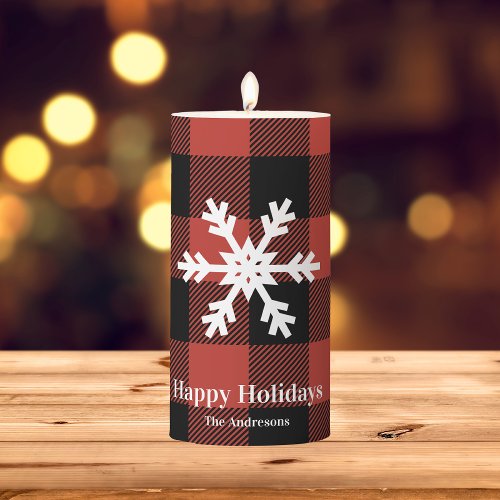 Red Buffalo Plaid  Snowflake  Happy holidays Pillar Candle