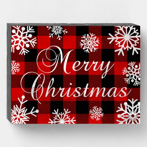 Red  Buffalo Plaid Snowflakes Merry Christmas Wooden Box Sign