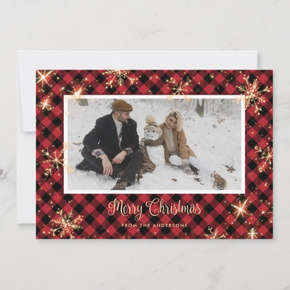 Red Buffalo Plaid Sparkly Photo Christmas Card