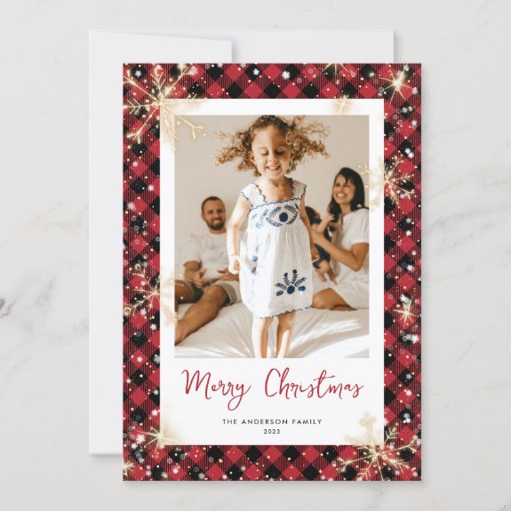 Red Buffalo Plaid Sparkly Photo Christmas Card