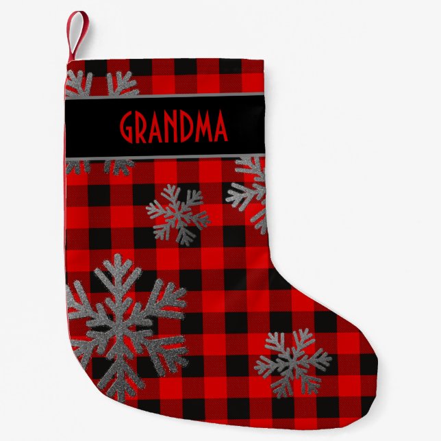 Red Buffalo Plaid Sparkly Snowflakes Small Christmas Stocking (Front)