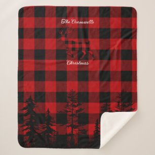 Red Buffalo Plaid Stag Crest Family Name Christmas Sherpa Blanket