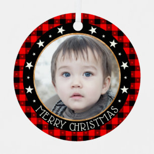   Red Buffalo Plaid & Stars Merry Christmas Custom Metal Ornament
