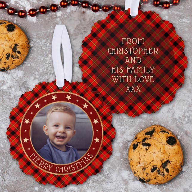   Red Buffalo Plaid & Stars Merry Christmas Custom Ornament Card (Creator Uploaded)