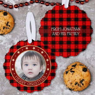 Red Buffalo Plaid & Stars Merry Christmas Custom Ornament Card