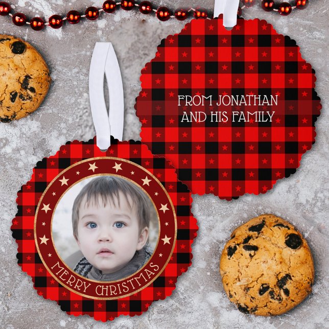   Red Buffalo Plaid & Stars Merry Christmas Custom Ornament Card (Creator Uploaded)