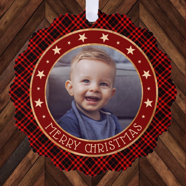   Red Buffalo Plaid & Stars Merry Christmas Rustic Ornament Card (Creator Uploaded)