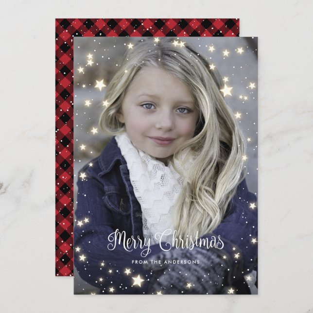 Red Buffalo Plaid Stars Photo Christmas Cards (Front/Back)