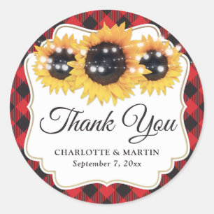 Red Buffalo Plaid Sunflower Wedding Thank You Classic Round Sticker