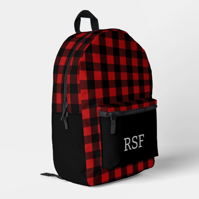 Red Buffalo Plaid Three Letter Monogram Printed Backpack (Back Corner Left)