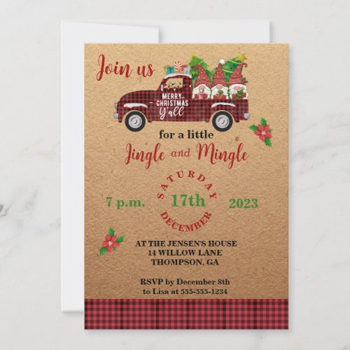Red Buffalo Plaid Truck Gnomes Christmas Party Invitation