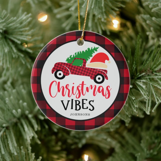 Red Buffalo Plaid Truck Santa Hat Christmas Vibes Ceramic Ornament (Tree)