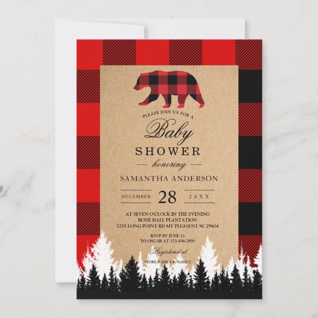 Red Buffalo Plaid Vintage Craft Invitation (Front)