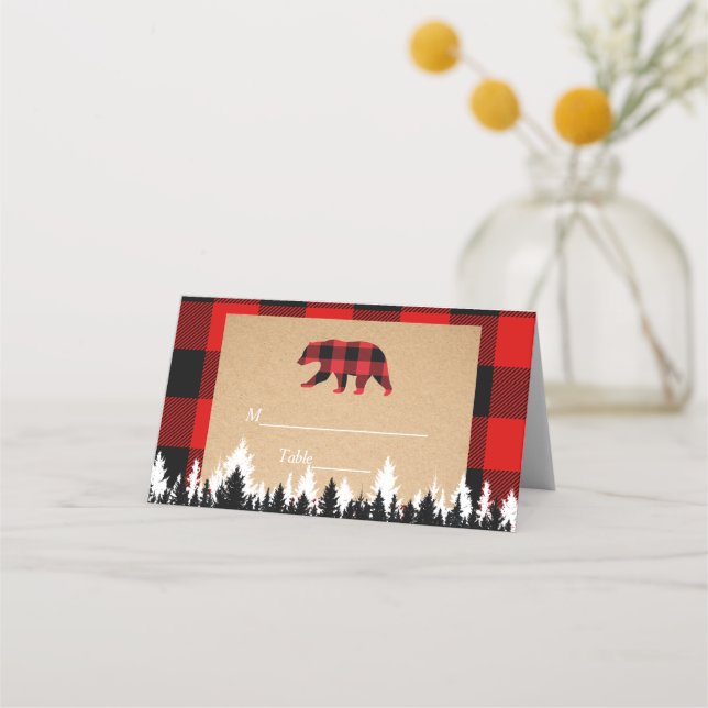 Red Buffalo Plaid Vintage Craft Place Card (Front)