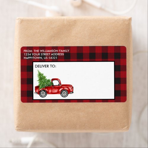 Red Buffalo Plaid Vintage Truck Holiday Mailing Label