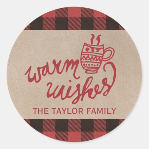 Red Buffalo Plaid Warm Wishes Christmas Classic Round Sticker