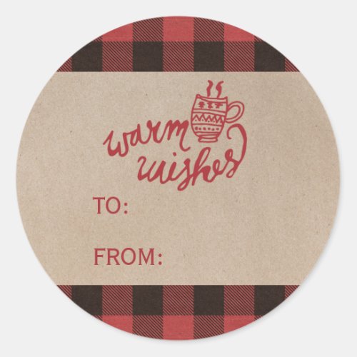 Red Buffalo Plaid Warm Wishes Christmas Name Classic Round Sticker