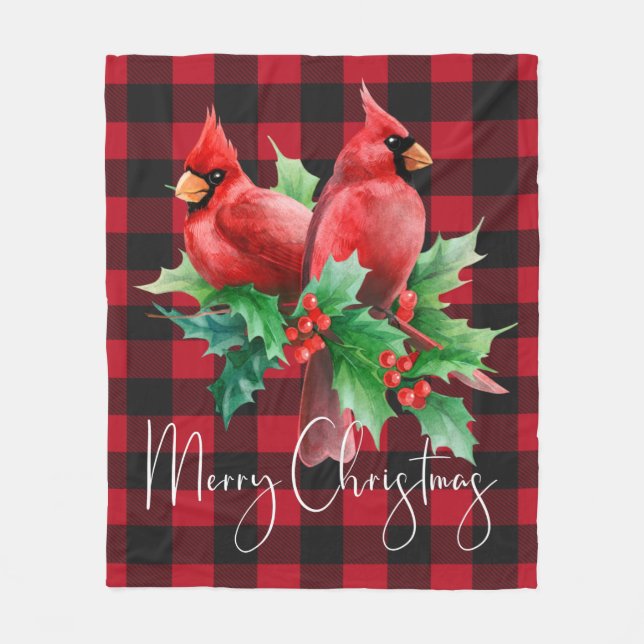 Red Buffalo Plaid Watercolor Cardinals Christmas Fleece Blanket (Front)