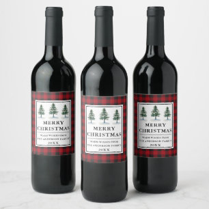 Red Buffalo Plaid Watercolor Pines Merry Christmas Wine Label