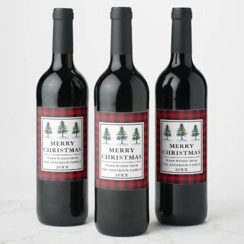 Red Buffalo Plaid Watercolor Pines Merry Christmas Wine Label