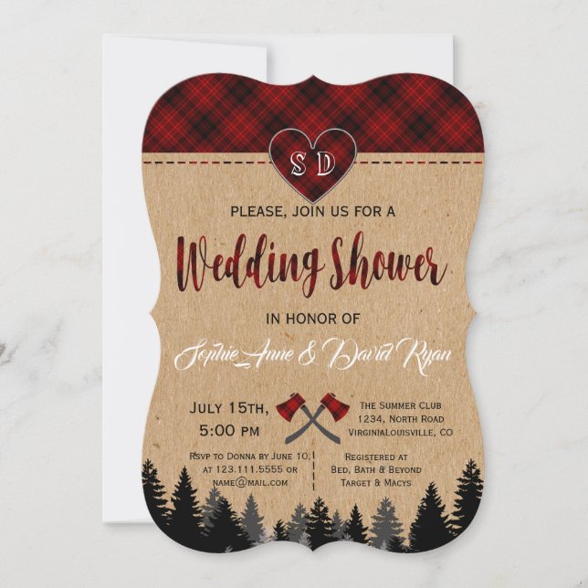 Red Buffalo Plaid Wedding Couple Shower Invite (Front)