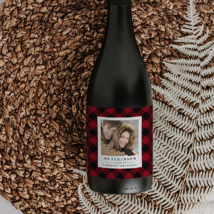 Red Buffalo Plaid Wedding Favor Photo Wine Labels